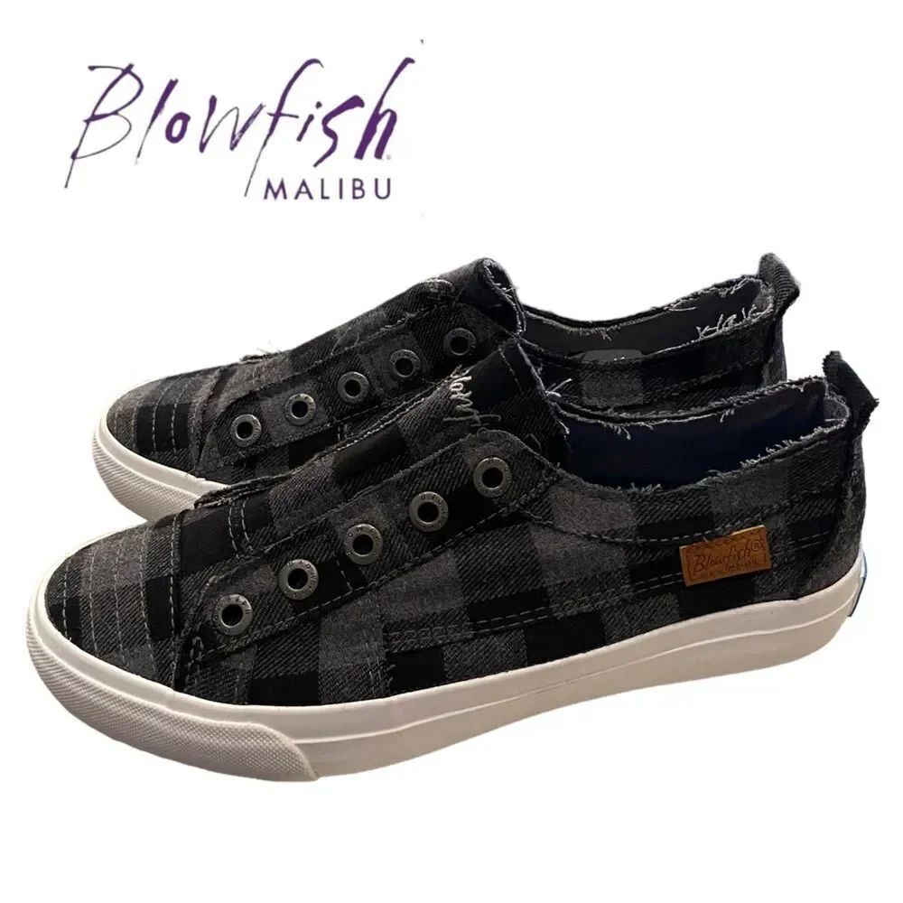 BLOWFISH MALIBU Play Grey Mini Buffalo Check Canvas Slip-On Sneakers NEW 7.5